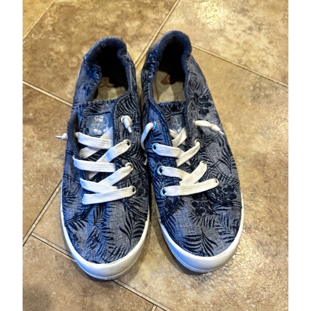 ROXY Bayshore III Women's Canvas Floral Lace-Up Low Top Sneakers Blue/White